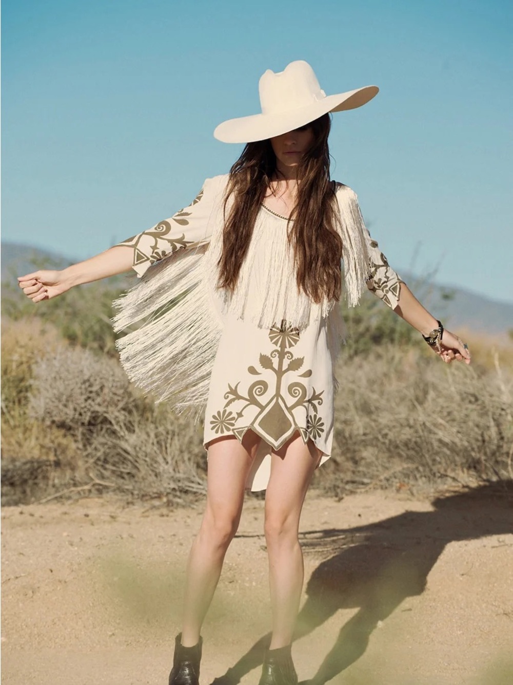 SPELL Embroidered Fringe Cream Mini Dress Festival